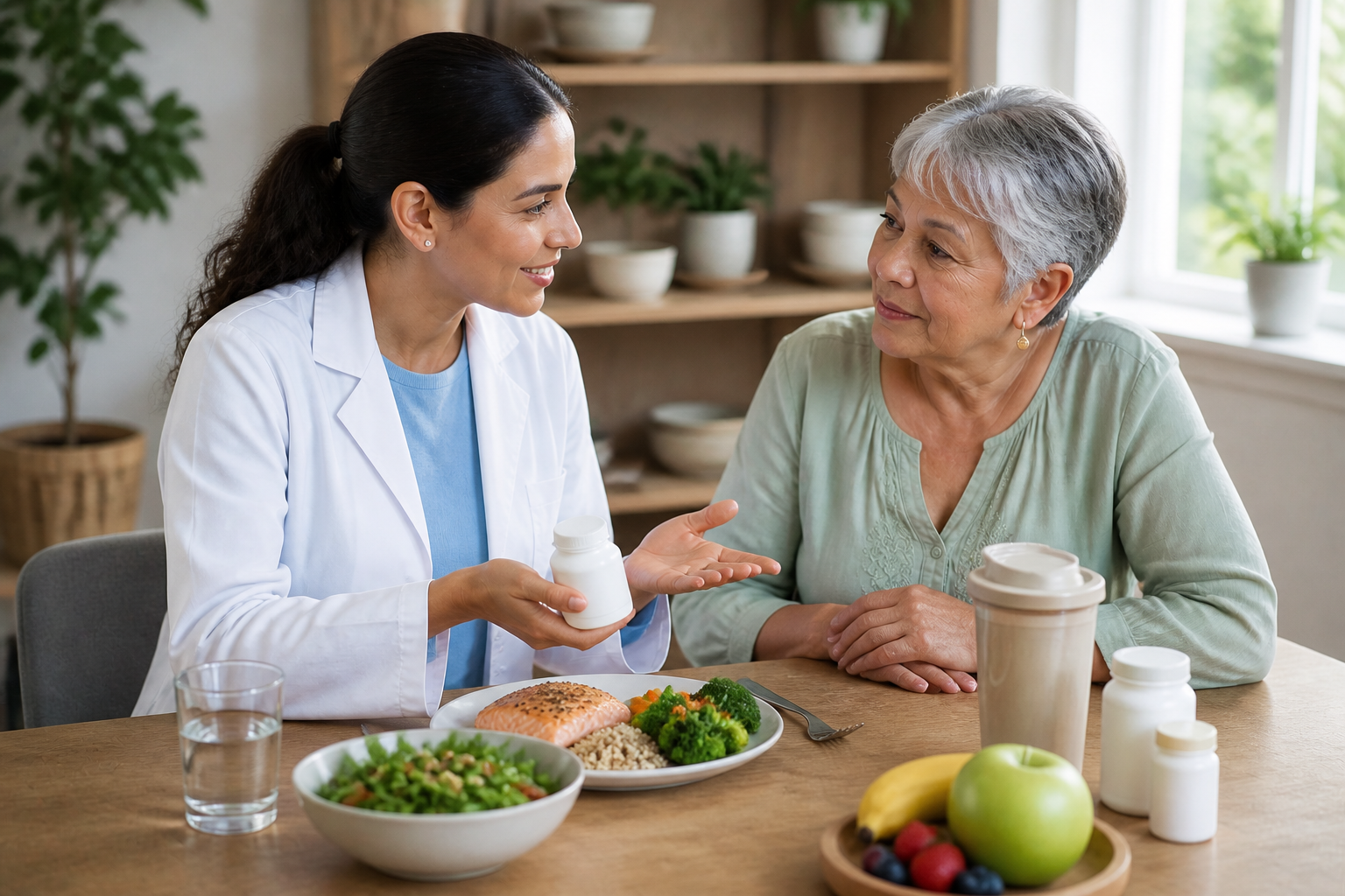 Nutricionista explicando opções de suplementação alimentar para pessoa idosa