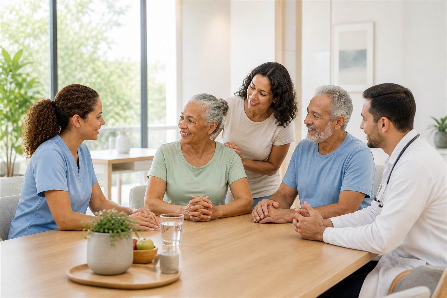 Equipe de saúde conversando com pessoa idosa e familiar durante consulta de avaliação