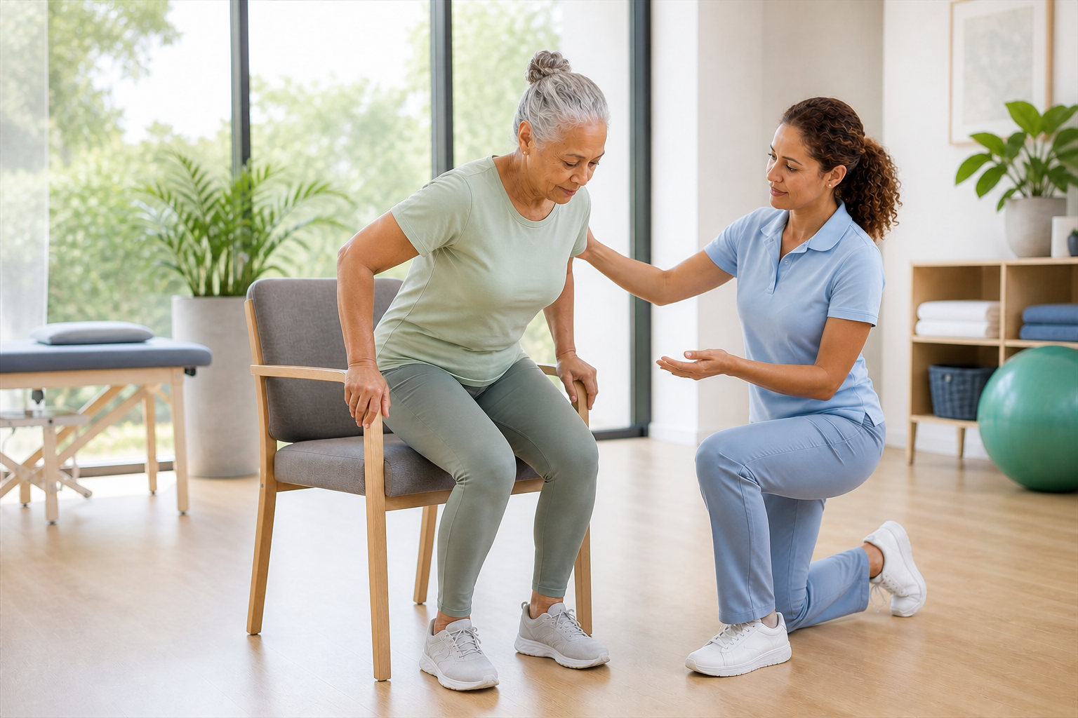 Pessoa idosa realizando exercício de fortalecimento muscular com orientação profissional